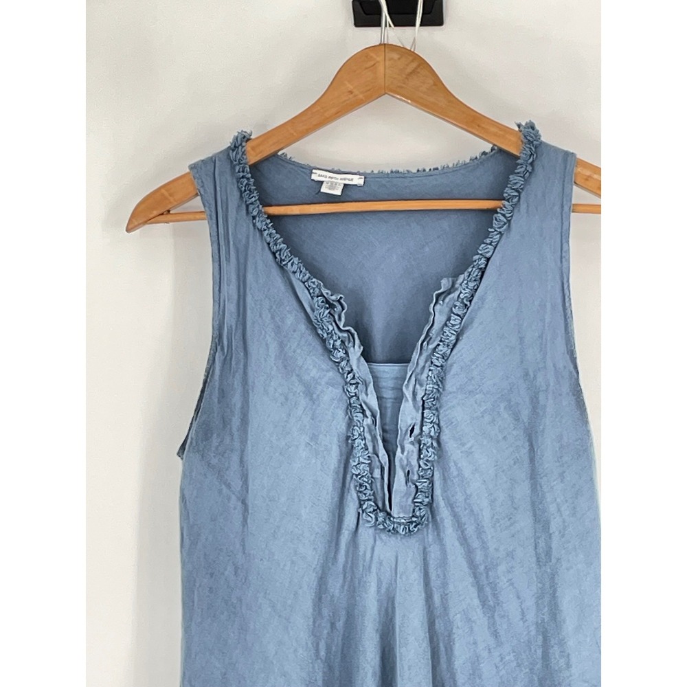 Saks Fifth Avenue Womens Dress XL Midi Blue 100% Linen Boho  Ruffle V-Neck Italy - Picture 2 of 12